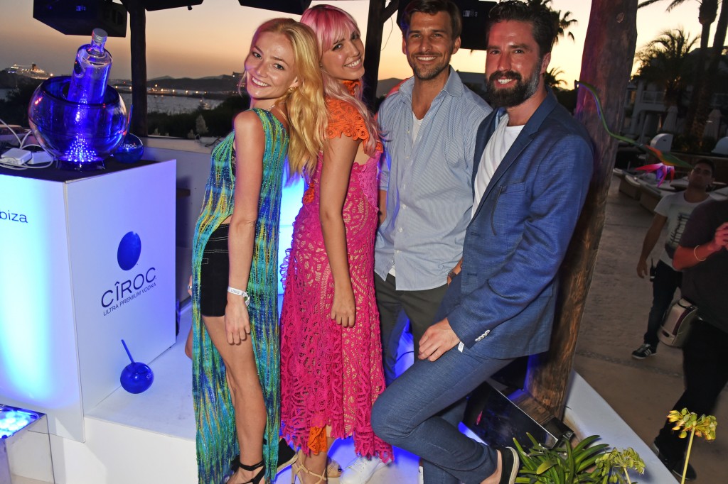 IBIZA, SPAIN - JULY 18: (L to R) Clara Paget, Amber Le Bon, Johannes Huebl and Jack Guinness attend the CIROC On Arrival party in Ibiza hotspot Destino as model and DJ Amber Le Bon celebrated her arrival moment as she took to the decks for the first time on July 18, 2016 in Ibiza, Spain. Pic Credit: Dave Benett